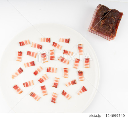 Cured carbonara pork isolated, raw smoked bacon, streaky brisket on white background 124699540
