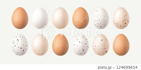Collection of Speckled and Plain Vector Illustration Egg Designs Displayed In Rows on White Background 124699654