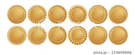 Set of Realistic Golden Badges with Decorative Edging on White Background Vector Illustration Set of Realistic Golden Badges with Decorative Edging on White Background Vector Illustration 124699666