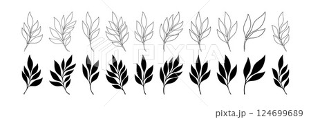 Set of Minimalistic Leaf Illustrations in Black and White Showing Various Styles and Designs. Vector illustration 124699689
