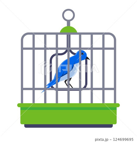 blue bird in an iron cage. home feathered pet. 124699695