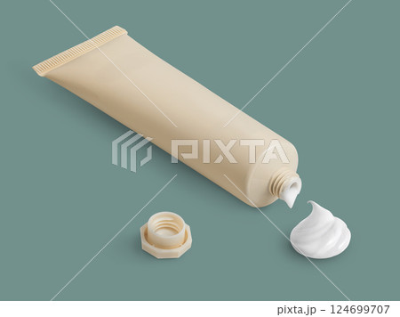 Cosmetic cream tube of flash color with white product squeezed on blue background 124699707