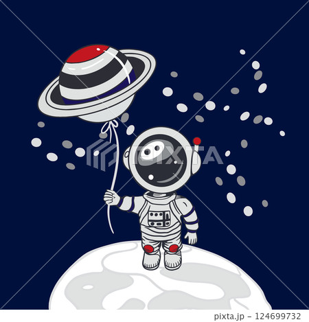 Astronaut standing on the moon with planet Saturn in the form of a balloon in his hand. Hand drawn vector illustration. Cosmonautics Day cards, invitations, large banners, posters, covers, stickers. 124699732