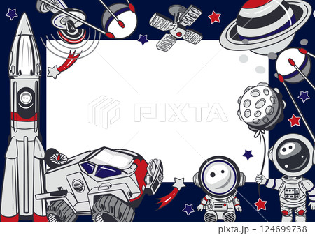 Astronauts, rocket, planets, stars, satellites. Horizontal frame. Hand drawn vector illustration. For Cosmonautics Day cards, invitations, tickets, posters, banners. 124699738