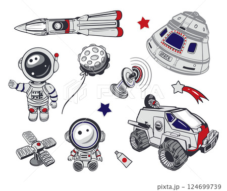 Space set. Rocket, astronauts, moon, transport, satellites, stars. Hand drawn vector illustration. For Cosmonautics Day cards, invitations, wallpapers, posters, stickers, covers, banners. 124699739