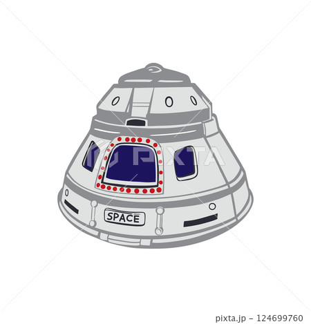 Flying space saucer, spaceship. Hand drawn vector illustration. For Cosmonautics Day cards, invitations, large banners, posters, covers, wallpapers, stickers. 124699760