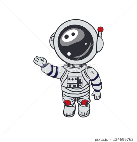 Astronaut standing in spacesuit with raised hand. Hand drawn vector illustration. For Cosmonautics Day cards, invitations, wallpapers, posters, covers, banners. 124699762