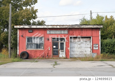 A dilapidated red gas station with peeling paint and weathered exterior, surrounded by overgrown vegetation, stands as a relic of the past in a rural setting 124699815