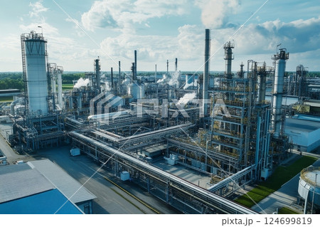 A sprawling industrial refinery complex with intricate pipelines, storage tanks, and processing units, set against a blue sky with white clouds 124699819