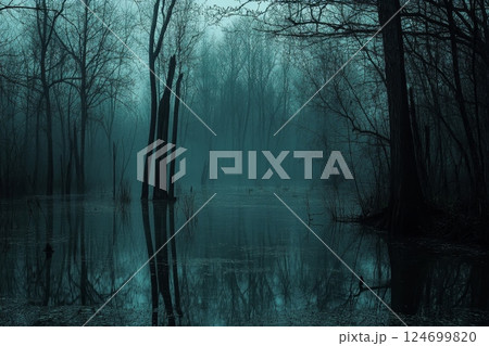 Ethereal scene of a flooded forest with bare trees reflected in still water, bathed in an eerie turquoise light, creating a mysterious and haunting atmosphere 124699820