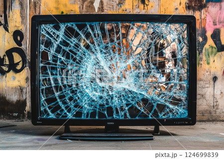 A vividly blue shattered television screen against a colorful graffiti-covered wall, symbolizing urban decay and the intersection of technology and street art A vividly blue shattered television screen against a colorful graffiti-covered wall, symbolizing urban decay and the intersection of technology and street art 124699839