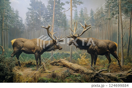Majestic Eucladoceros, towering prehistoric deer, emerge from the mist-shrouded trees of a dense, boreal forest, their presence commanding the serene landscape 124699884