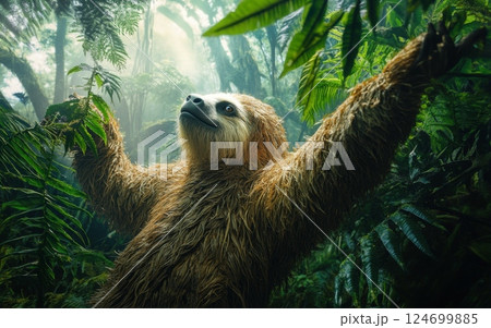A massive, shaggy-coated giant ground sloth reaches up to grasp the vibrant green foliage of the dense, primeval jungle, its powerful claws securing its grip 124699885