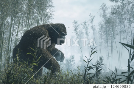 A massive Gigantopithecus carefully navigates the dense, tangled bamboo thicket, its powerful form blending into the misty, verdant surroundings 124699886