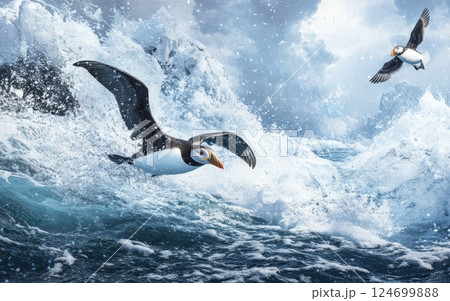 A flock of puffins glide effortlessly through the air, their wings casting dramatic shadows over the rugged, icy Arctic landscape below A flock of puffins glide effortlessly through the air, their wings casting dramatic shadows over the rugged, icy Arctic landscape below 124699888