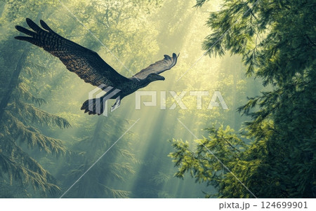 A Microraptor, its wings spread wide, glides effortlessly through the misty, verdant canopy of the ancient forest, its feathered form silhouetted against the dappled sunlight 124699901