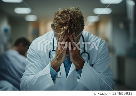 A mature Caucasian male doctor sits with his hands covering his face, appearing stressed and overwhelmed A mature Caucasian male doctor sits with his hands covering his face, appearing stressed and overwhelmed 124699932