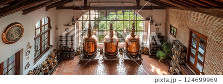 Three large copper stills dominate a distillery's interior, surrounded by shelves of bottles and barrels 124699969