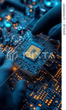 Gloved hands carefully place a computer processor onto a circuit board 124699989