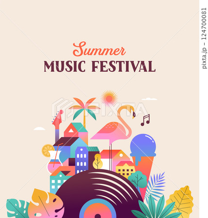 Colorful geometric summer music festival template, poster, banner. Summer time fun concept design 124700081