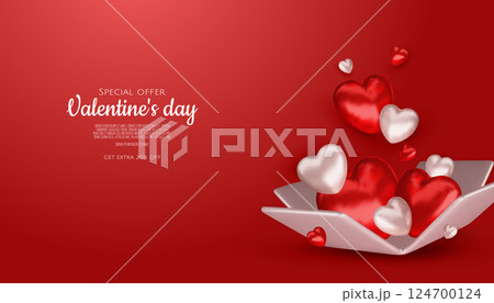 Valentines day. Romantic vector background. Templates Festive gift card with realistic 3d design elements. Holiday banner, web poster, flyer and brochure, greeting card, group bright covers Valentines day. Romantic vector background. Templates Festive gift card with realistic 3d design elements. Holiday banner, web poster, flyer and brochure, greeting card, group bright covers 124700124