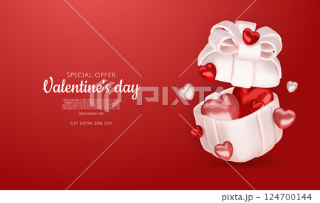 Valentine s day design. Realistic gifts boxes. Open gift box full of decorative festive object. Holiday banner, web poster, flyer, stylish brochure, greeting card, cover. Romantic background 124700144