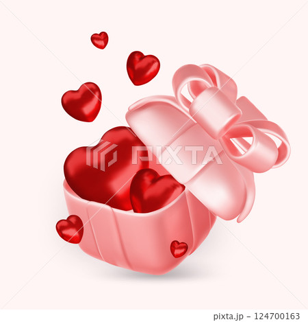 Valentine s day design. Realistic gifts boxes. Open gift box full of decorative festive object. Holiday banner, web poster, flyer, stylish brochure, greeting card, cover. Romantic background Valentine s day design. Realistic gifts boxes. Open gift box full of decorative festive object. Holiday banner, web poster, flyer, stylish brochure, greeting card, cover. Romantic background 124700163