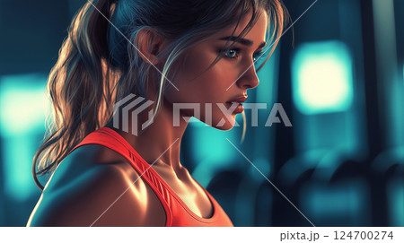 ジムでトレーニングをしている女性のイラスト ジムでトレーニングをしている女性のイラスト 124700274