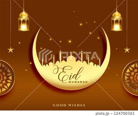 eid mubarak beautiful background with moon and mosque 124700381