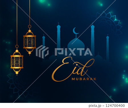 eid mubarak greeting background with mosque and lantern 124700400