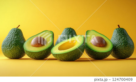Composition avocados yellow background, top view avocado leaves, space for text, vegetarian vitamin Composition avocados yellow background, top view avocado leaves, space for text, vegetarian vitamin 124700409