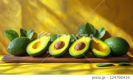 Composition avocados yellow background, top view avocado leaves, space for text, vegetarian vitamin 124700410