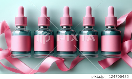 Group green bottles for oil, concentrate, serum, blank brand label, pink satin ribbon and gold cap on blue background, minimalist design. Cosmetics advertising concept Group green bottles for oil, concentrate, serum, blank brand label, pink satin ribbon and gold cap on blue background, minimalist design. Cosmetics advertising concept 124700486