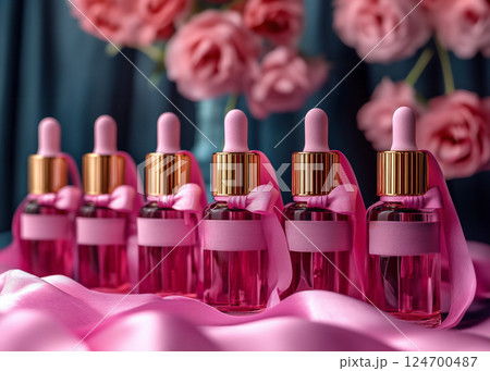 Group bottles for oil, concentrate, serum, blank brand label, pink satin ribbon and gold cap on blue background, minimalist design. Cosmetics advertising concept Group bottles for oil, concentrate, serum, blank brand label, pink satin ribbon and gold cap on blue background, minimalist design. Cosmetics advertising concept 124700487