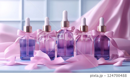 Group bottles for oil, concentrate, serum, blank brand label, pink satin ribbon and gold cap on blue background, minimalist design. Cosmetics advertising concept Group bottles for oil, concentrate, serum, blank brand label, pink satin ribbon and gold cap on blue background, minimalist design. Cosmetics advertising concept 124700488