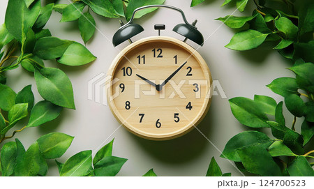 Alarm clock among leaves on plain background, space text. Concept Study, education, work, start 124700523
