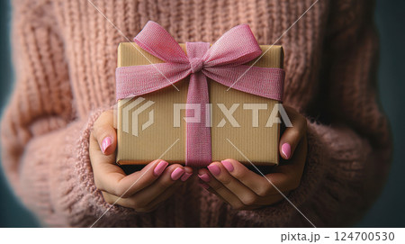 Woman hands holding craft gift satin ribbon, shopping Valentines, New Year, Mothers, Christmas 124700530