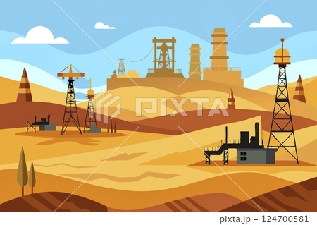Oil working towers,oilfield,producing in a sandy desert.Refining Oil working towers,oilfield,producing in a sandy desert.Refining 124700581