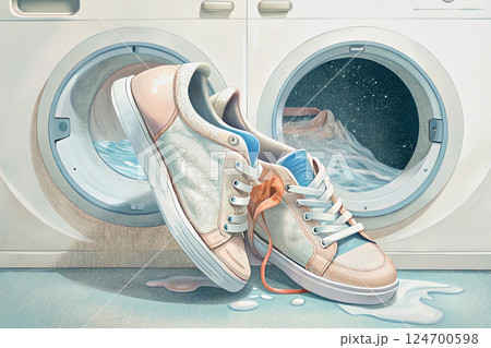 Cleaning pink white sport youth shoes sneakers in the washing machine Cleaning pink white sport youth shoes sneakers in the washing machine 124700598