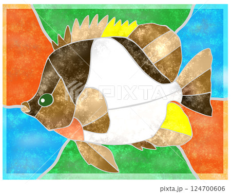 熱帯魚バタフライフィッシュのカラフルタイル画風切り絵イラスト背景有り 124700606
