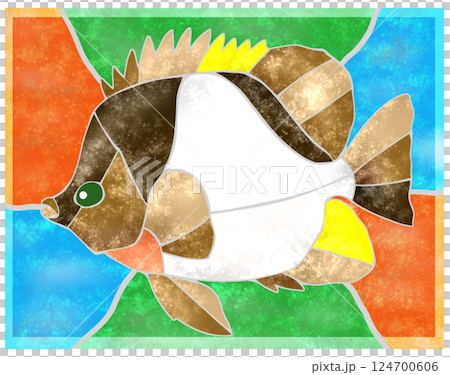 熱帯魚バタフライフィッシュのカラフルタイル画風切り絵イラスト背景有り 124700606