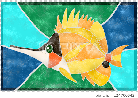 彩色瓷磚風格的熱帶魚、鯛魚、瀨魚的剪紙插圖，背景 124700642
