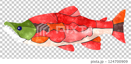 彩色馬賽克風格剪紙插圖,描繪了淡水魚紅鮭魚的背景 彩色馬賽克風格剪紙插圖,描繪了淡水魚紅鮭魚的背景 124700909