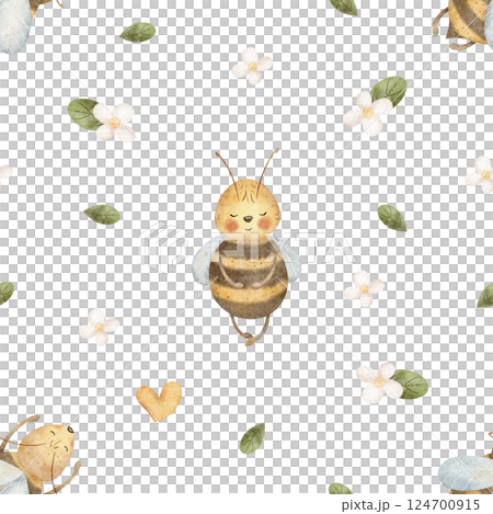 Pattern honey bees fly among wild flowers, chamomile leaves. Watercolor hand drawn illustration. Seamless print on background for children's textile design, fabric, packaging, wallpaper, baby clothes Pattern honey bees fly among wild flowers, chamomile leaves. Watercolor hand drawn illustration. Seamless print on background for children's textile design, fabric, packaging, wallpaper, baby clothes 124700915