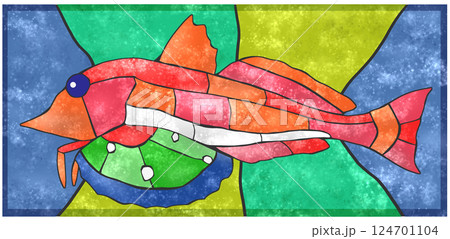 海水魚ホウボウのカラフルタイル画風切り絵イラスト背景有り 124701104