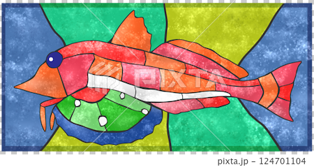 海水魚ホウボウのカラフルタイル画風切り絵イラスト背景有り 124701104