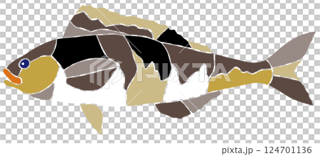 一幅可愛的彩色玻璃風格剪紙插圖,描繪了一種沒有關節的鹹水魚,阿特卡鯖魚 一幅可愛的彩色玻璃風格剪紙插圖,描繪了一種沒有關節的鹹水魚,阿特卡鯖魚 124701136