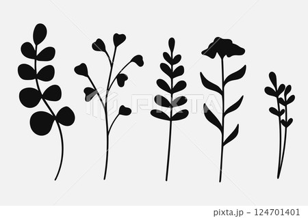 Silhouette Leaves branch and floral plants element collection. 124701401