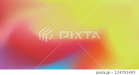 Abstract bright yellow, red and blue wavy mesh gradient background with grain noise texture overlay. Vibrant teal and orange grainy textured backdrop for ui design, banner, poster, business concept 124701485