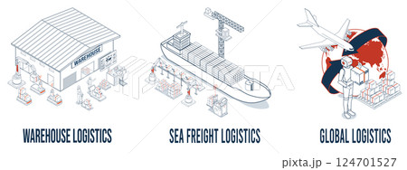 3D isometric set of Logistics and Delivery services scenes concept with Warehouse, Sea Freight, Global Logistics. 124701527